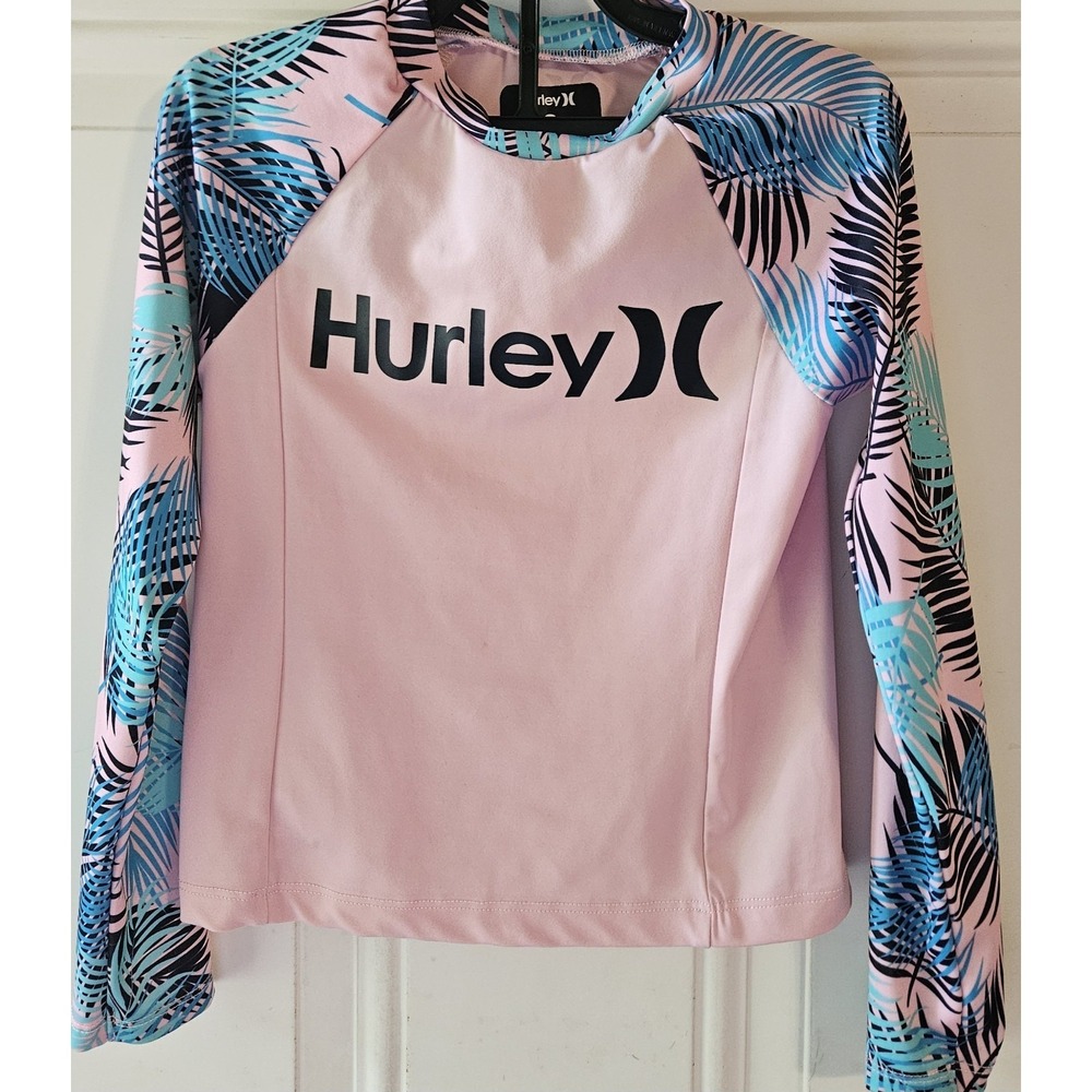 Hurley Girls Rash Guard Swim Top Size 6 Pink Tropical Long Sleeve UPF 50+